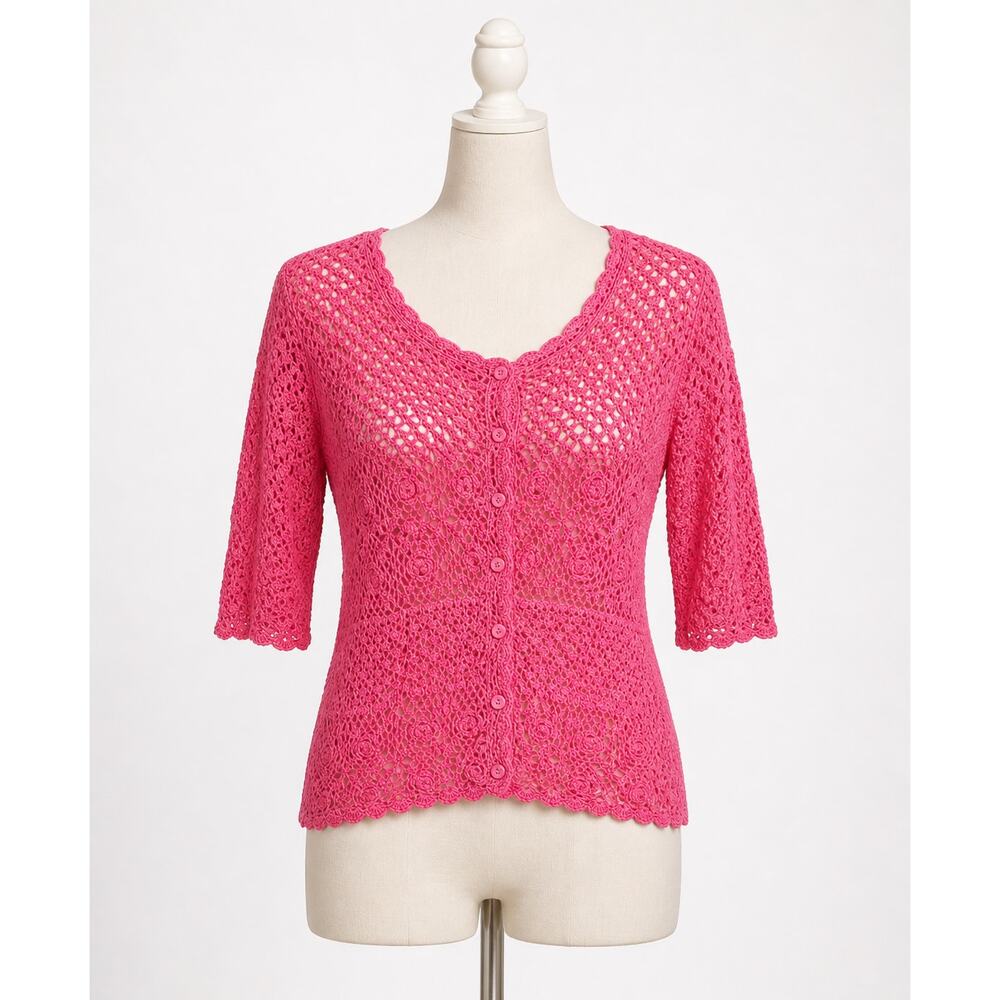 Knit Pink Cardigan Crochet Short Sleeve Lace Delicate